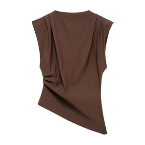 Detail of dark brown asymmetrical sleeveless top with structured shoulder pleats