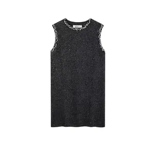 Women Sleeveless Round Neck Sequin Knit Mini Dress Elegant Tweed Style Fringe Embellished Dark Gray Party Commute Dress