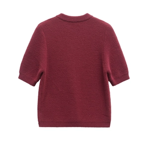 Women's dark red short sleeve knit top with round neck and ribbed hem details