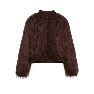Women Faux Fur Knit Jacket Solid Color Round Neck Long Sleeve Cardigan With Ribbed Trim Single Breasted Outerwear For Autumn Winter