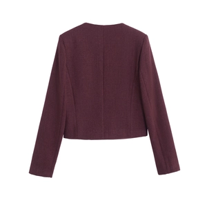 Rear view of deep burgundy tweed jacket with round neck and premium textured fabric finish