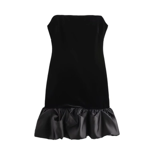 Elegant black off-shoulder mini dress with velvet bodice and satin ruffle hem skirt