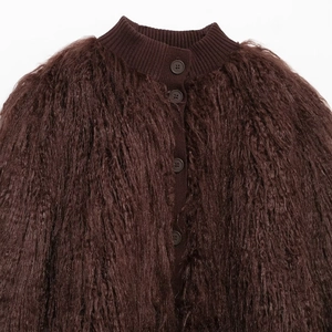 Women's 2024 brown faux fur knit cardigan with plush texture and round neck design