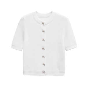 White short sleeve knit cardigan with elegant silver bow-shaped metal buttons