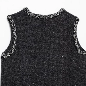 Women's knit tweed dress with sequins and braided trim detailing in dark grey