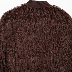 Women's 2024 fall faux fur knit jacket in dark coffee brown with ribbed collar neckline