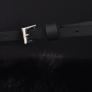 Women's black belted dress with a metallic E-shaped buckle and faux fur trim details