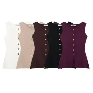 Women Casual Sleeveless Knit Vest Gold Button Round Neck Slit Hem Solid Color Tank Top Knitwear Waistcoat