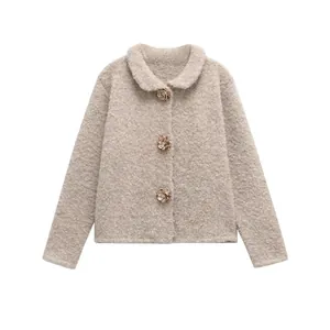Veste Bouclé en Fausse Fourrure Vintage pour Femmes Avec Boutons Fleur Avoine Cardigan en Maille Ample Manches Longues