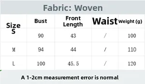 Detailed size chart for women's woven vest including bust, length, and weight parameters