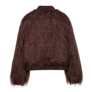 Faux fur knit jacket in deep coffee brown with ribbed cuffs and back view display