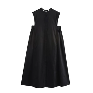 Detail view of black sleeveless midi dress with pleated waist and elegant A-line silhouette