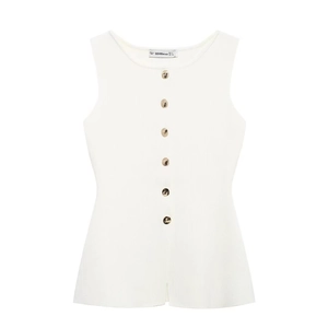 White rib-knit sleeveless vest with golden amber buttons for women stylish autumn outfit