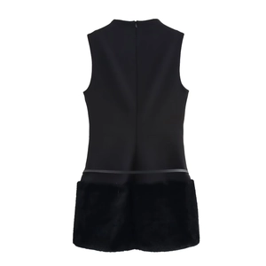 Elegant sleeveless black dress with faux fur patchwork hem and back zipper closure