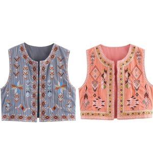 Close-up of ethnic embroidered cotton vest showing detailed geometric patterns