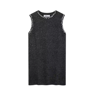 Dark grey sleeveless knit dress with round neck and shimmering silver sequin fringe trim