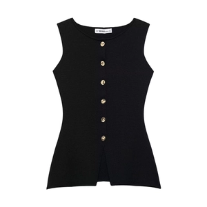 Women's black knit vest with seven decorative gold buttons and a side slit design