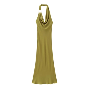 Elegant olive green cowl neck satin maxi dress with gold metal ring detail on the shoulder