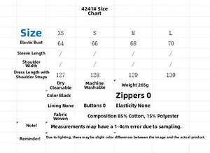 Detailed size chart for black embroidered sleeveless dress with cotton and polyester blend