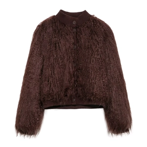 Women's deep brown faux fur knitted cardigan with vintage ribbed collar and resin buttons