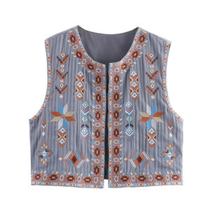 Women's vintage bohemian cotton linen grey vest with colorful geometric embroidery