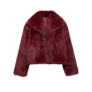 Women's Faux Fur Jacket Winter Outwear Wine Red Long Sleeve Lapel Coat Elegant Shaggy Plush Short Jacket For Women