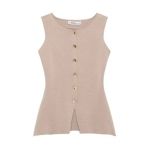 Women's oatmeal knitted vest with elegant round neck and decorative golden buttons