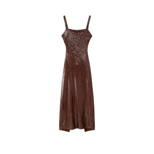 Women Elegant Brown Sequin Cami Dress Sexy Backless Hollow Out Side Slit Maxi Dress Party Banquet Evening Sleeveless Gown