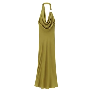 Elegant olive green satin halter neck cowl midi dress with smooth silky texture