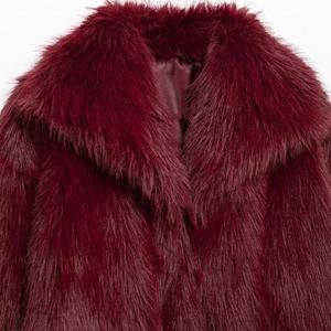 Women's burgundy faux fur coat with elegant lapel collar and silk-like lining