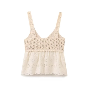 Women's cream knit camisole top featuring crochet lace hollow embroidery detail