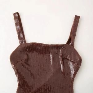 Elegant brown sequin camisole with wide straps and metallic shimmer for women