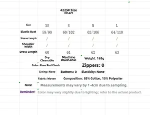 Tableau des tailles pour mini robe d'été femme avec mesures du XS au L en motif à carreaux