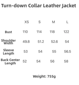 Size chart with measurements for lapel leather jacket in XS, S, M, and L dimensions