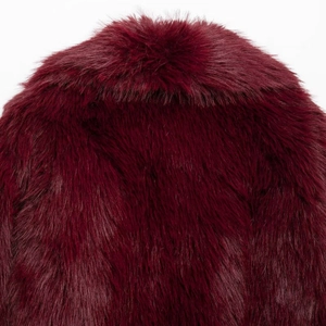 Fashionable burgundy long sleeve faux fur coat for women featuring a stylish turn-down collar