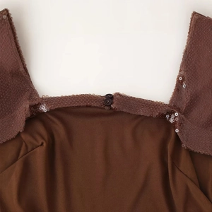 Elegant dark brown sequined neckline dress with delicate dual button detailing