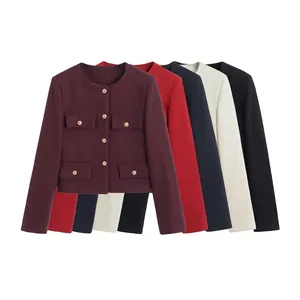 Women's Elegant Tweed Jacket French Style Round Neck Long Sleeve Cropped Outerwear Metal Buttons Four Pockets Classic Autumn Coat