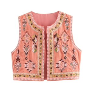 Bohemian peach pink embroidered cotton linen vest jacket for women featuring ethnic patterns