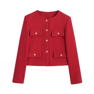 Elegant red tweed jacket for women featuring classic round neck and golden metal buttons