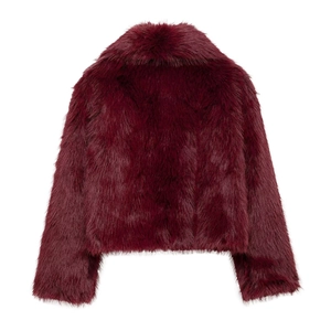 Women's burgundy faux fur coat with lapels and long sleeves in elegant short cut