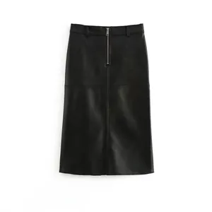Jupe Midi en Similicuir Élégante pour Femmes Taille Haute Fermeture Éclair Métal Avant Jupe Trapèze PU avec Passants Ceinture Fente
