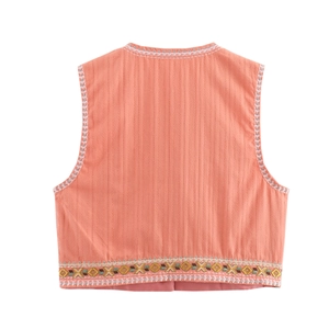 Coral pink sleeveless cotton vest with ethnic floral embroidery and vertical texture