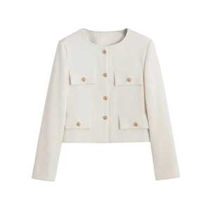 Elegant ivory tweed jacket for women featuring a round neck and decorative gold buttons