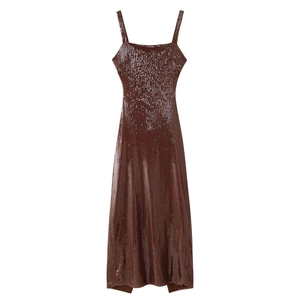 Elegant dark brown sequin slip maxi dress with an open back for evening parties