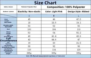Size guide table for women's street style jacket with detailed measurements and fit info