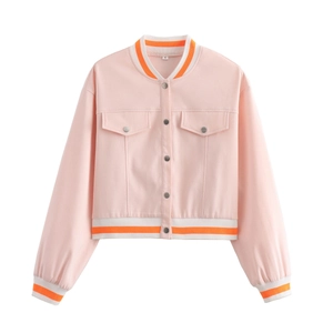 Pink women's casual bomber jacket with orange striped ribbing and silver snap buttons