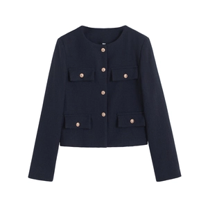 Elegant navy blue tweed jacket for women featuring gold buttons and a round neckline