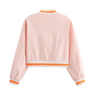 Pink cropped varsity jacket back view with orange and white striped ribbed trim