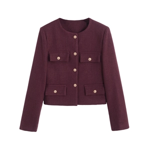Elegant wine red tweed jacket for women featuring classic round neck and gold buttons