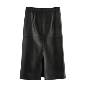 Jupe midi moderne en similicuir noir à taille haute avec couture croisée et fente